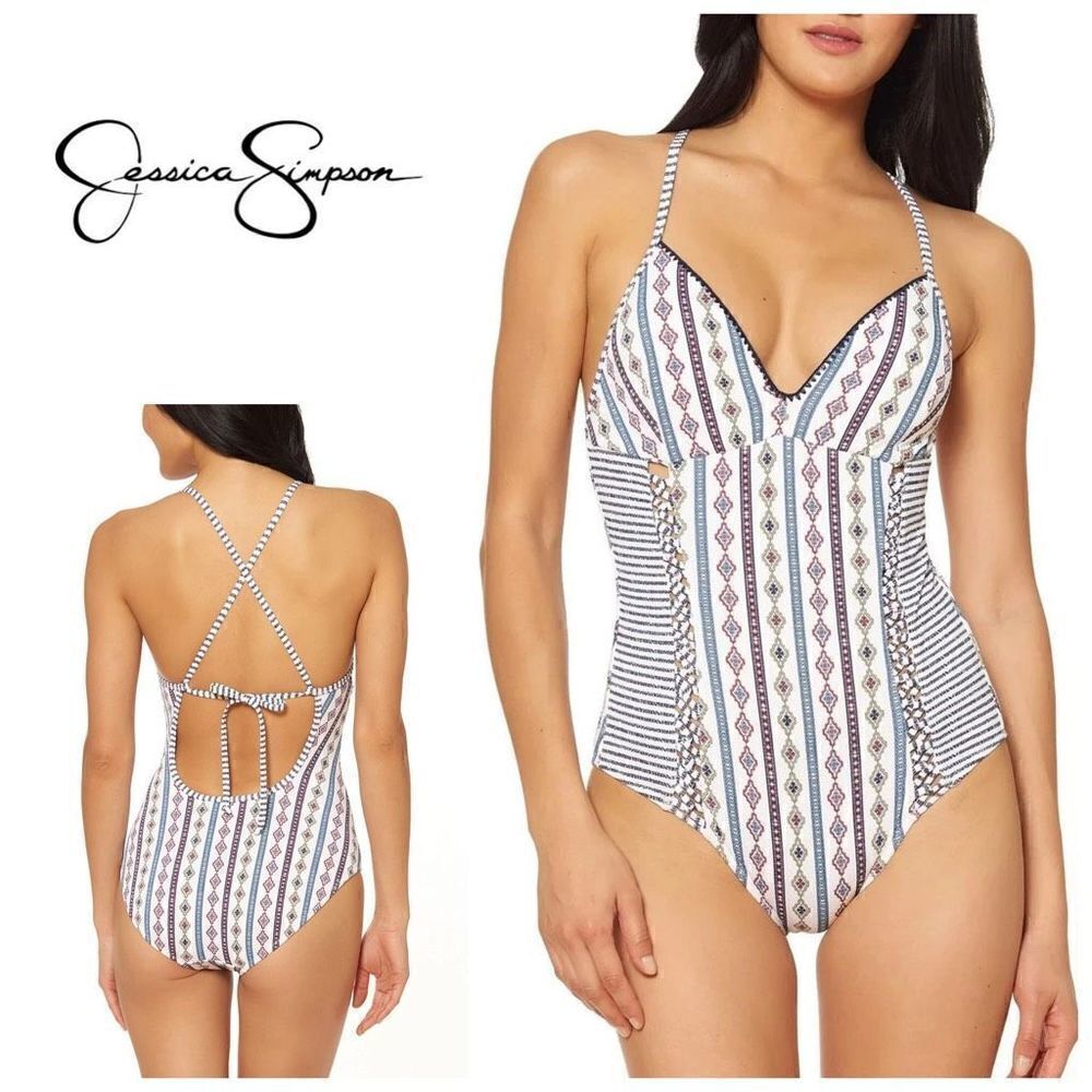 New. Jessica Simpson Moroccan Stripe Printed One-Piece Swimsuit. Retails $98
